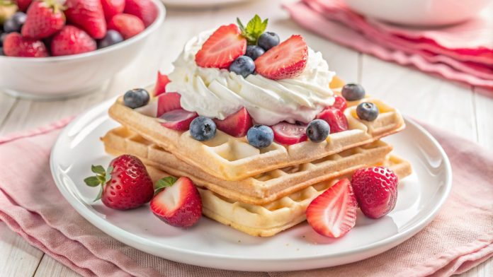 Stack of waffles topped with whipped cream, strawberries, and blueberries on a white plate.