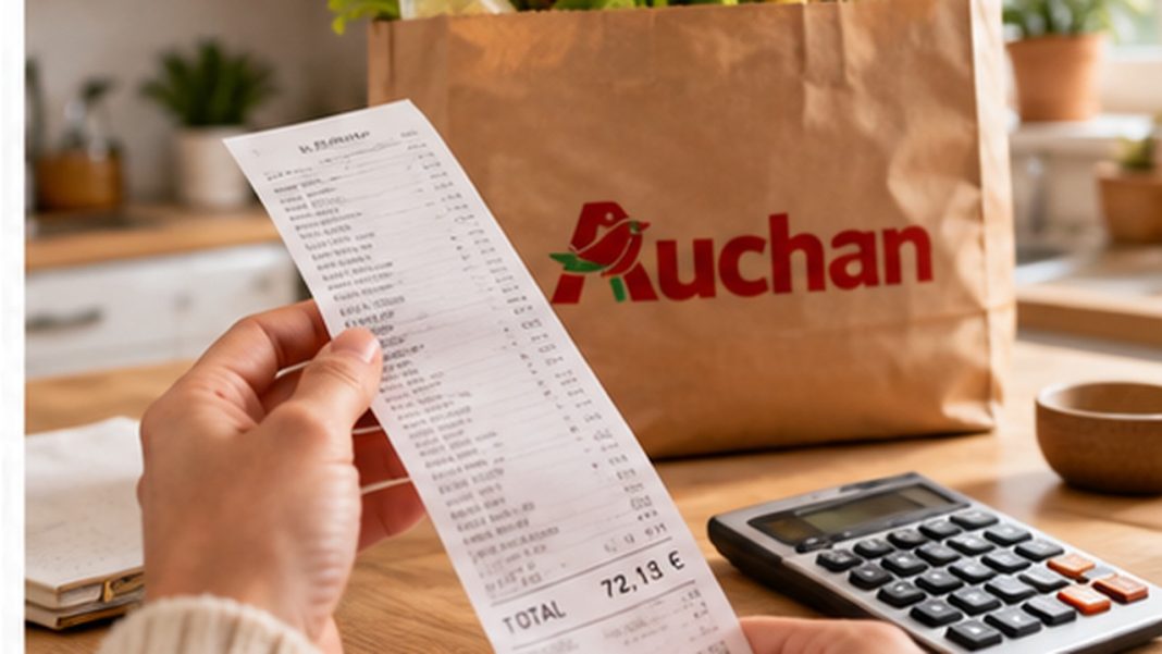 auchan-trois-bons-5-euros-octobre-2026 Courses et ticket près d’un sac de supermarché, illustration des bons fidélité
