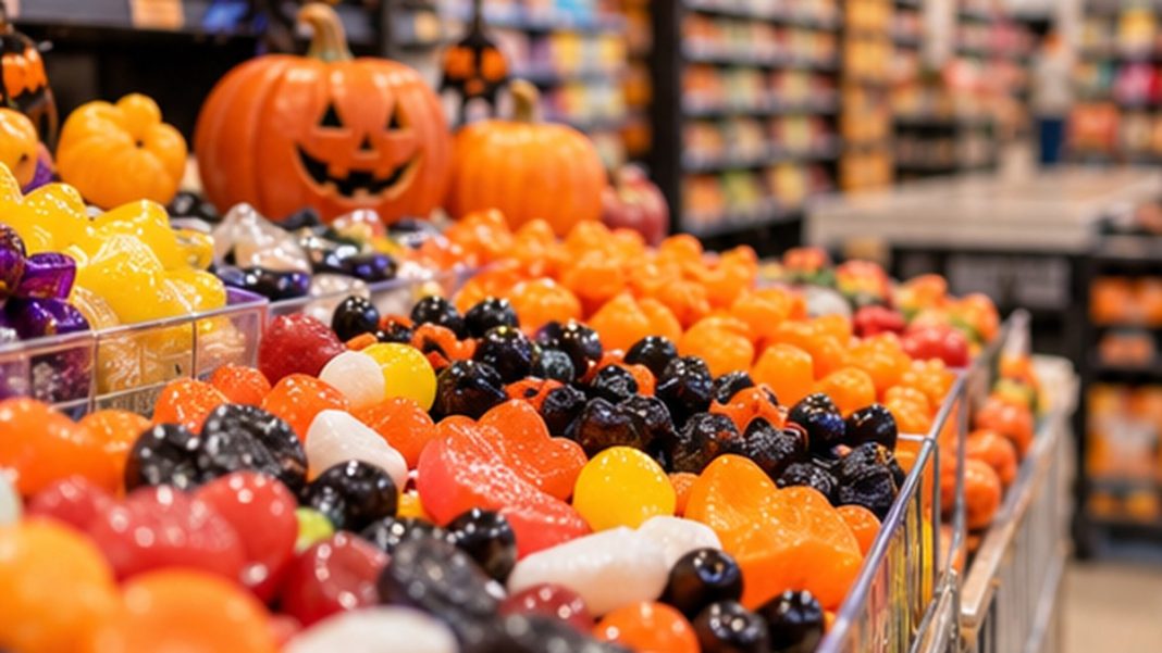 carrefour-bonbons-halloween-krema-haribo-prix-2026 Rayon de confiseries colorées sur le thème d’Halloween dans un supermarché, scène illustrative