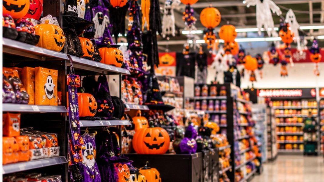 carrefour-halloween-catalogue-octobre-2026 Allée de supermarché décorée pour Halloween, illustration des catalogues saisonniers Carrefour
