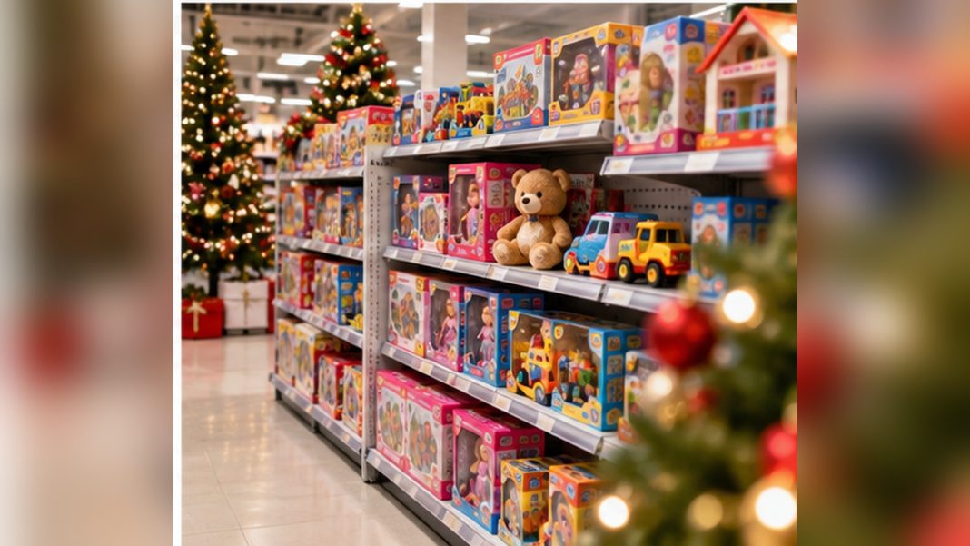 carrefour-market-catalogue-jouets-16-octobre-2026 Allée de jouets de Noël générique, cadeaux et rayons anonymes, sans prix ni références inventées
