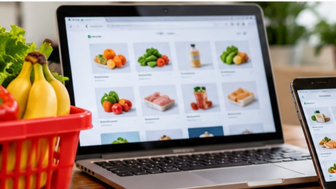 carrefour-mois-online-second-produit-novembre-2026 Panier de produits alimentaires devant un écran d’achat en ligne, illustration générique sans offre reproduite.