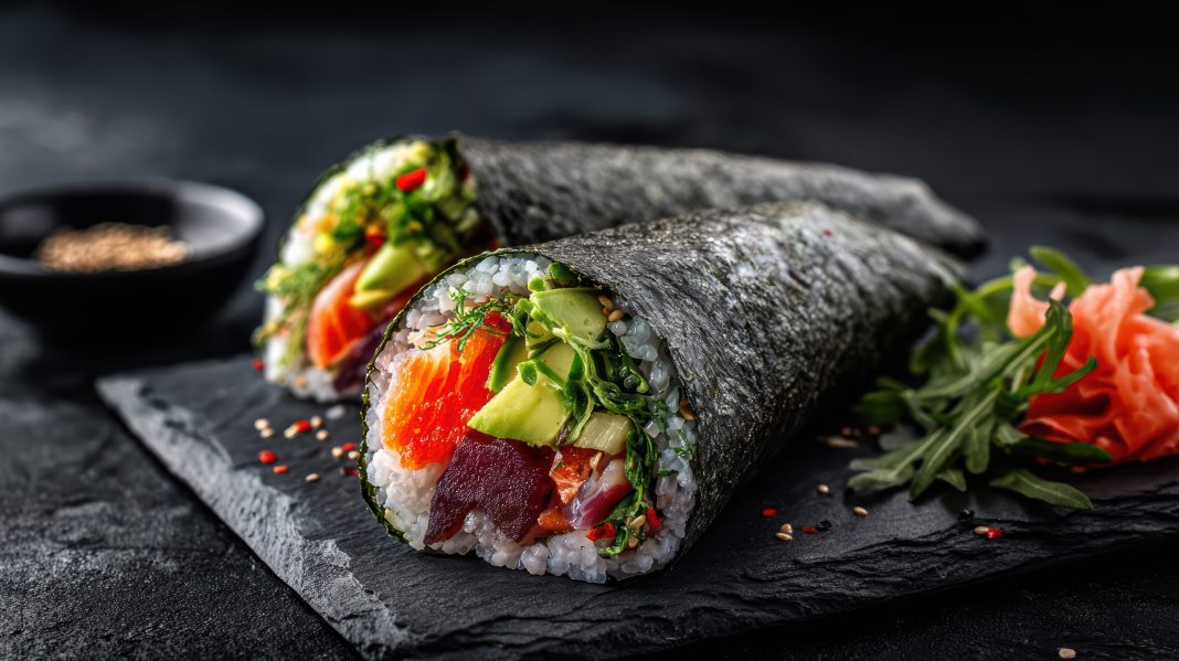 fresh-salmon-avocado-temaki-sushi-hand-rolls-dark-background