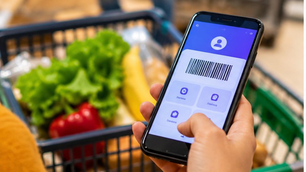 leclerc-automne-tombola-bons-achat-2026 Smartphone utilisé pendant les courses dans un supermarché, illustration d’une opération fidélité