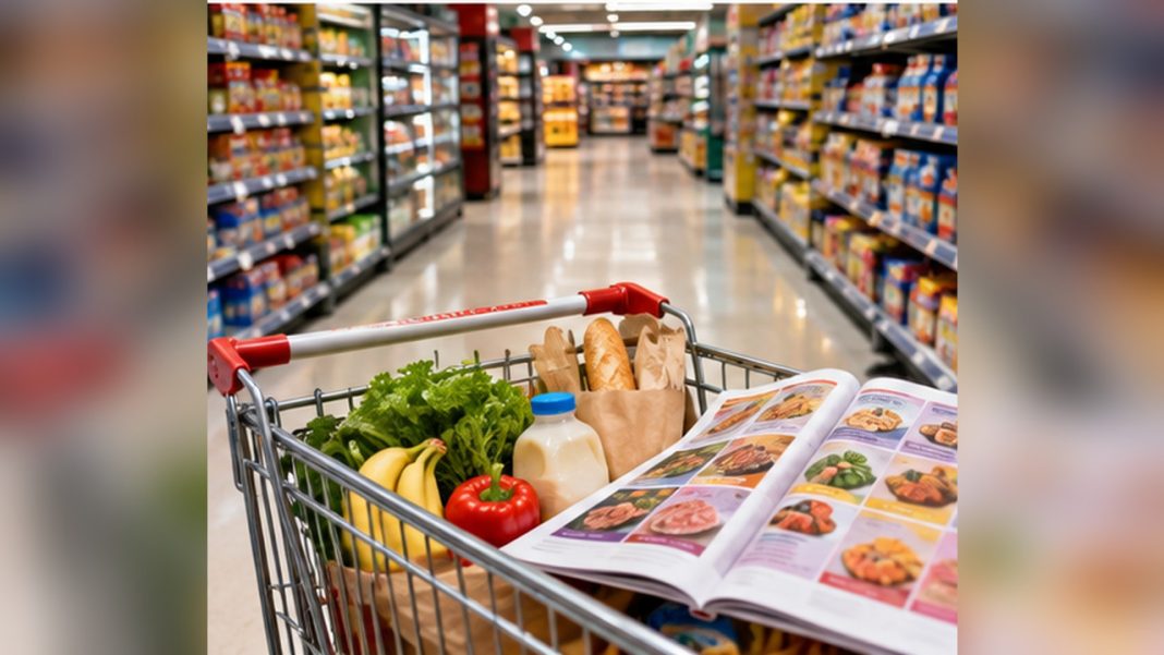leclerc-bons-plans-octobre-jeu-potion-2026 Chariot de supermarché rempli de produits de première nécessité et prospectus sans marques