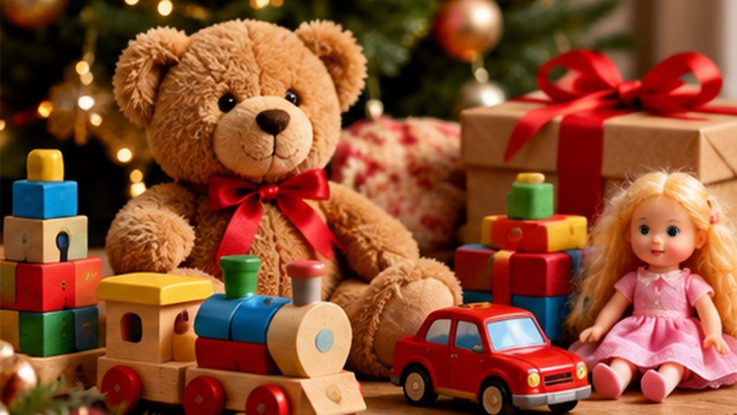 leclerc-catalogue-jouets-noel-octobre-2026 Jouets génériques emballés sous un sapin de Noël sans logo visible, photographie d’illustration