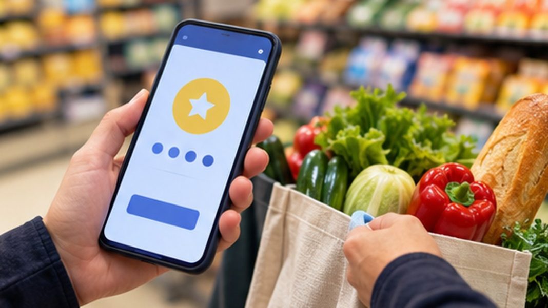 lidl-plus-points-cadeaux-22-28-octobre-2026 Cliente consultant une application de fidélité sur smartphone avec son sac de courses, illustration