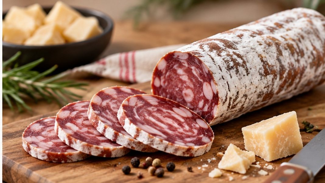 rappel-auchan-saucisson-parmesan-salmonelle-2026 Assiette avec un saucisson sec tranché et des copeaux de fromage, photographie d’illustration