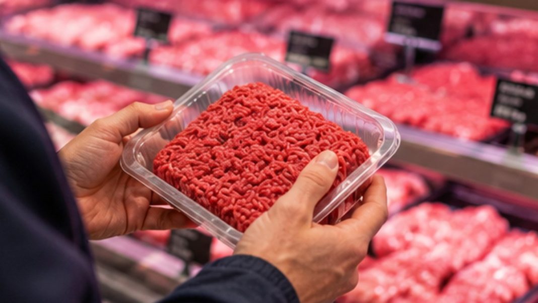rappel-boeuf-hache-auchan-mantes-salmonella Client tenant une barquette générique de viande hachée devant un rayon boucherie, illustration