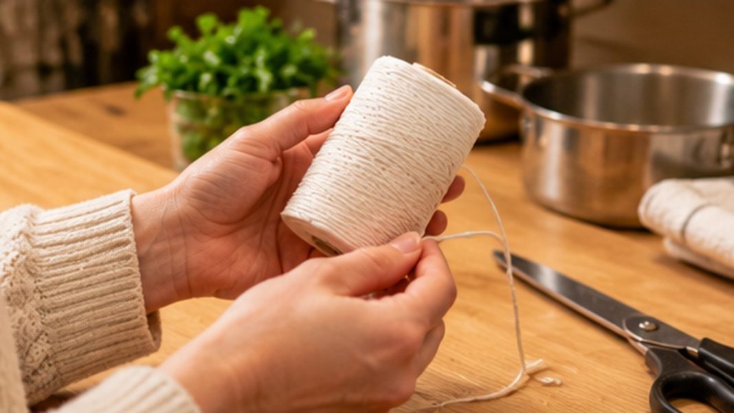 rappel-ficelle-alimentaire-chapuis-bisphenol-a Rouleau de ficelle de cuisine générique manipulé au-dessus d’un plan de travail, photo illustrative