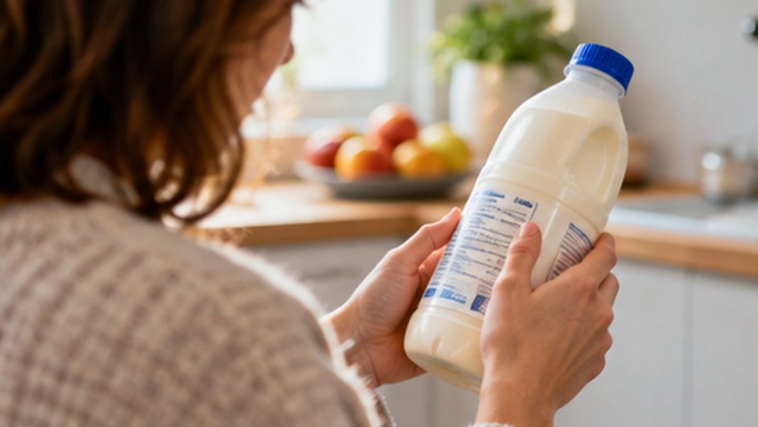 rappel-laits-croissance-carrefour-monoprix-u-octobre Personne lisant l’étiquette d’une bouteille de lait sur une table de cuisine, photo d’illustration sans lien avec un lot rappelé