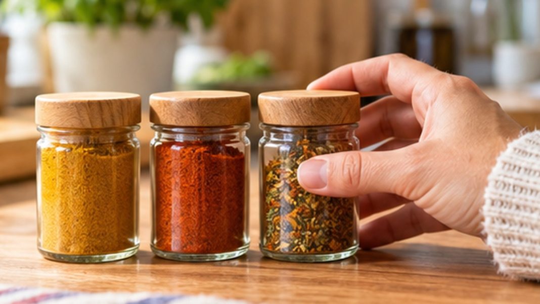 rappel-melange-tandoori-la-vie-claire-octobre-2026 Petits pots d’épices génériques dans une cuisine, illustration non contractuelle du rappel de mélange tandoori