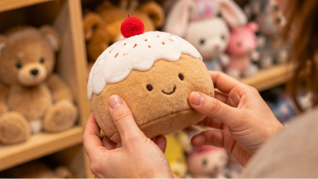 rappel-peluche-keeleco-gateau-risque-etouffement Petite peluche générique en forme de gâteau tenue par un adulte dans un rayon de jouets, illustration