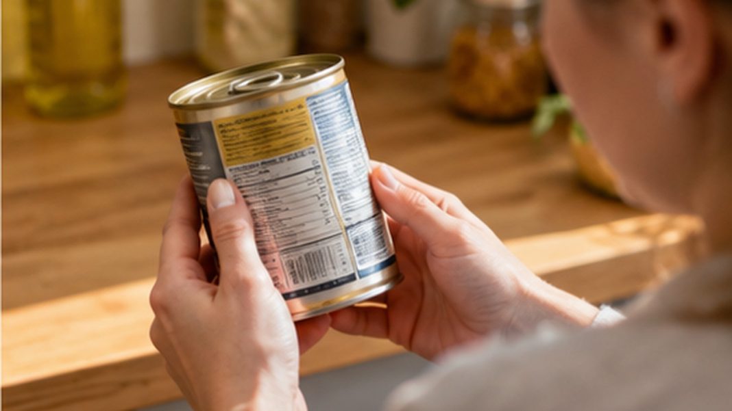 rappel-saucisses-lentilles-u-ble-octobre Consommatrice vérifiant une étiquette de conserve alimentaire dans une cuisine, visuel générique