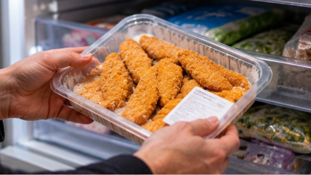 rappel-tenders-oumaty-antibiotiques-octobre-2026 Illustration de tenders de poulet panés dans un congélateur, sans lien avec le lot Oumaty rappelé