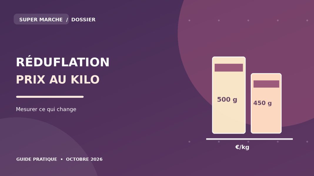 reduflation-supermarche-paquet-quantite-prix-kilo Deux emballages génériques de tailles différentes avec une balance et des prix au kilogramme pour illustrer la réduflation.