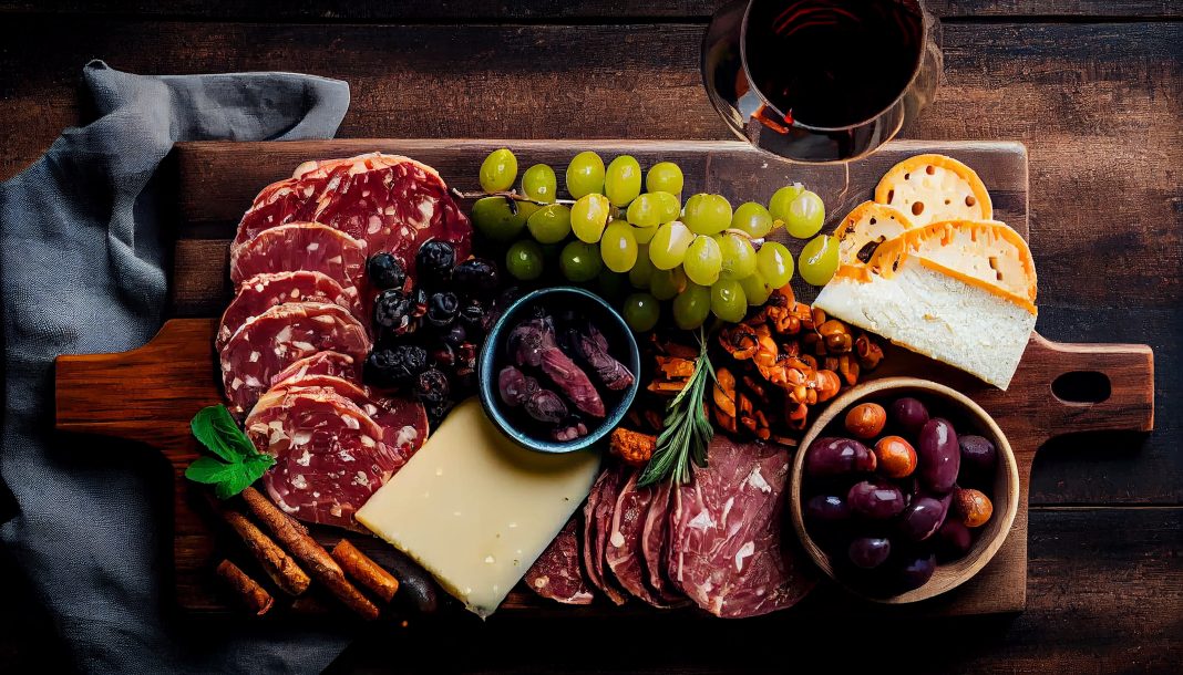 A rustic plate of Italian delicatessen and wine ,generative AI