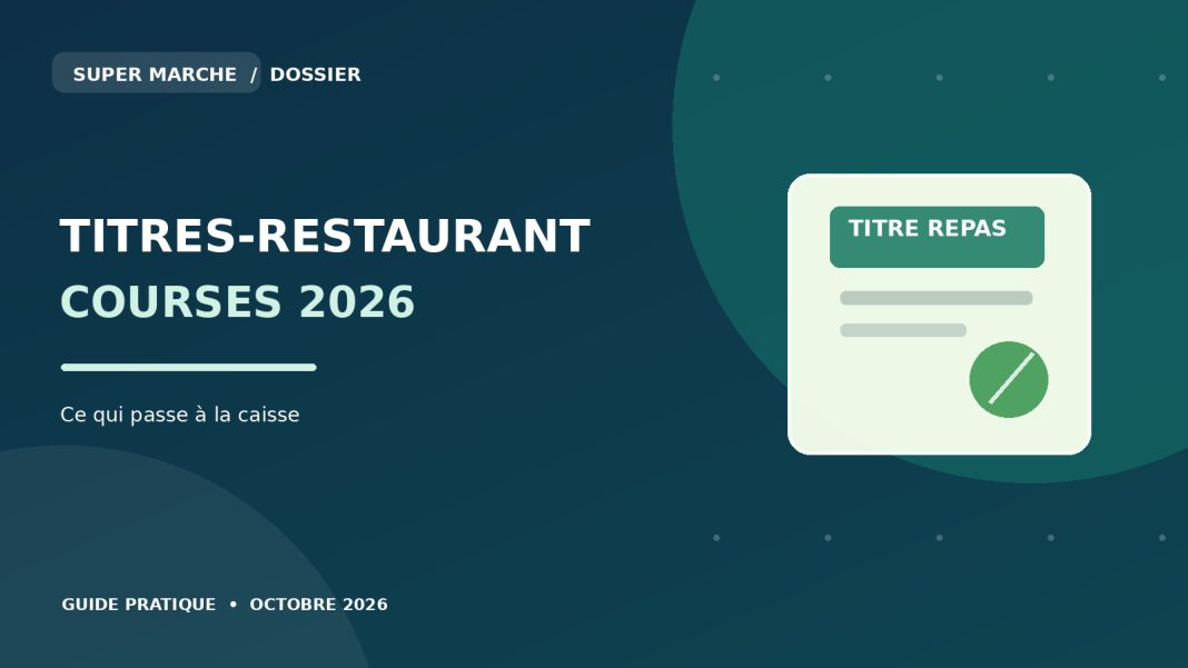 titres-restaurant-courses-supermarche-2026 Illustration d’un panier alimentaire et d’une carte de titres-restaurant, avec indication du plafond de 25 euros par jour.