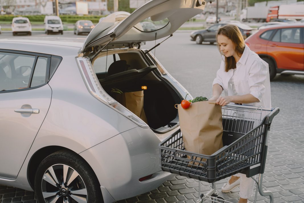Woman charging electro car at the electric gas station